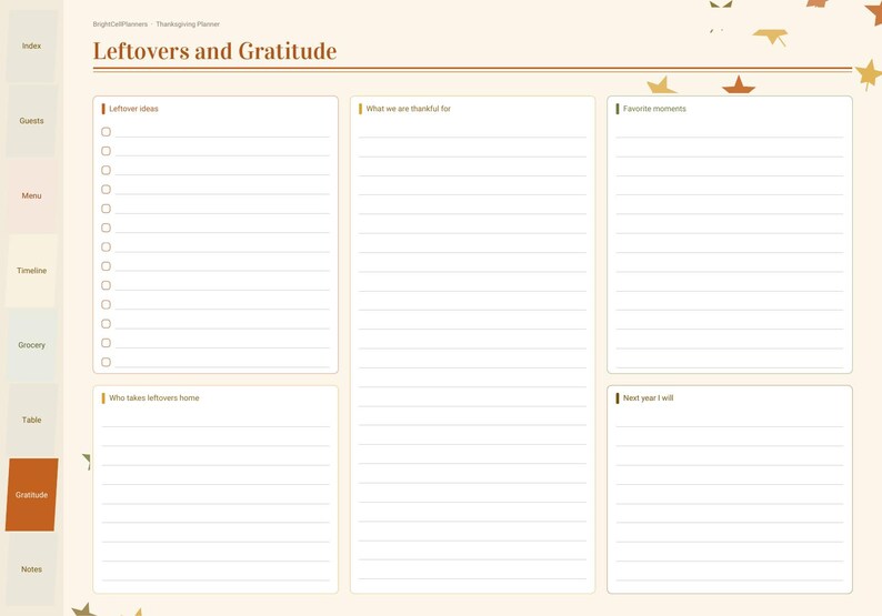 Puede incluir: Una p&aacute;gina de planificador digital titulada Leftovers and Gratitude con una barra lateral que contiene pesta&ntilde;as para Index, Guests, Menu, Timeline, Grocery, Table, Gratitude y Notes. El dise&ntilde;o presenta cinco secciones con l&iacute;neas.