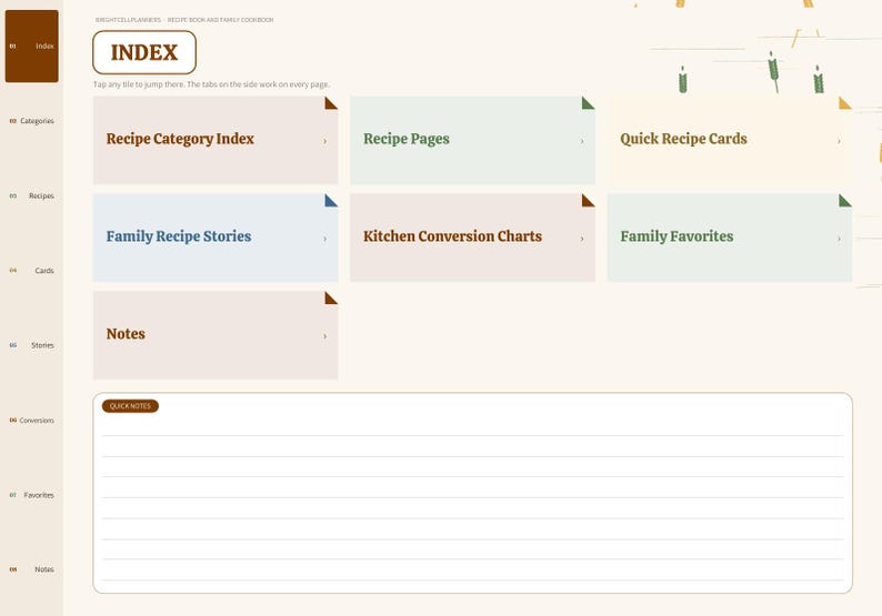 May include: A digital planner index page featuring a sidebar with navigation tabs and a main area containing labeled boxes for Recipe Category Index, Recipe Pages, Quick Recipe Cards, Family Recipe Stories, Kitchen Conversion Charts, and Notes.