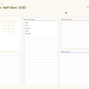 May include: A digital planner page titled Caregiver Self-Care (1/2) with sections for tracking well-being, listing ways others can help, scheduling personal time, and noting feelings. The layout features checkboxes and lines on a cream background.