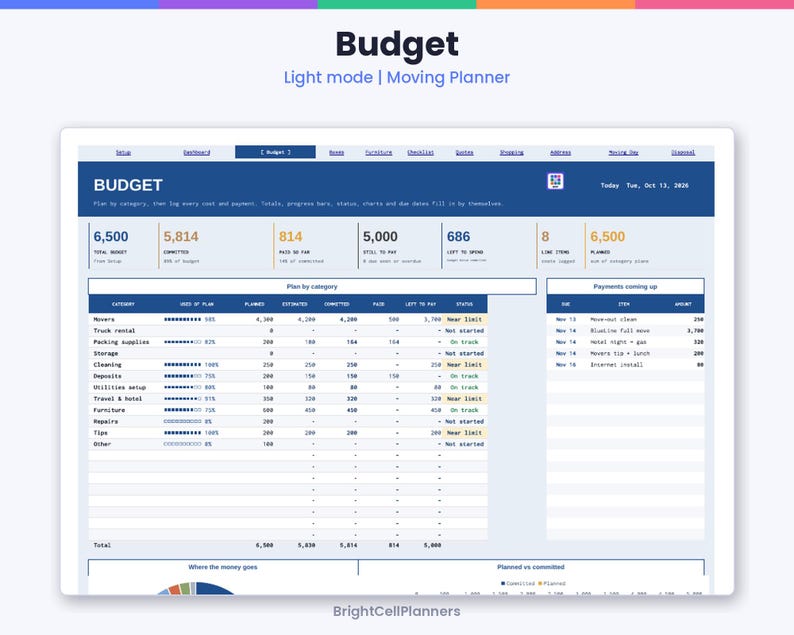 May include: A digital budget planner interface titled Budget Light mode Moving Planner. The dashboard displays financial data, categories like movers and truck rental, progress bars, and a list of upcoming payments for October 13, 2026.