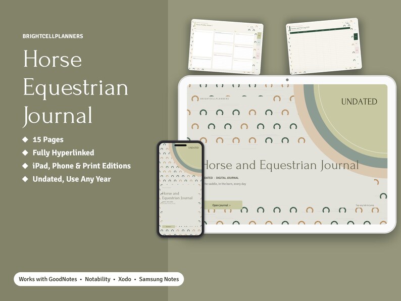 May include: A digital Horse Equestrian Journal displayed on a tablet and smartphone, featuring a beige background with a repeating horseshoe pattern, sage green and tan circular accents, and the text Horse and Equestrian Journal Undated.