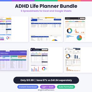 May include: An ADHD Life Planner Bundle featuring 6 spreadsheets for Excel and Google Sheets. The digital interface displays various dashboards, goal planners, and budget trackers with colorful charts, graphs, and tables for organization and data management.