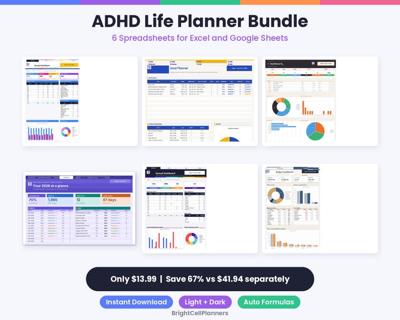 May include: An ADHD Life Planner Bundle featuring 6 spreadsheets for Excel and Google Sheets. The digital interface displays various dashboards, goal planners, and budget trackers with colorful charts, graphs, and tables for organization and data management.