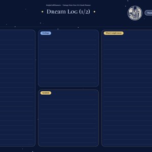 May include: A digital planner page titled Dream Log (1/2) with a dark blue starry background. It features sections for Last night I dreamed, Feelings, Symbols, and What it might mean, with a navigation sidebar listing months and categories.