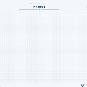May include: A digital car maintenance log planner page titled Notes 1 with a light blue grid background. The right side features a vertical navigation menu with tabs labeled Index, Vehicle, Service, Oil, Fuel, Tires, Repairs, Registration, and Notes.