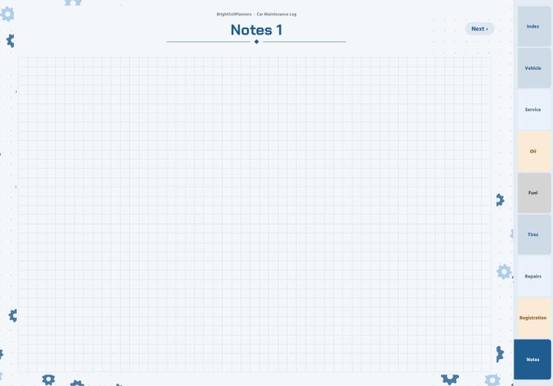 May include: A digital car maintenance log planner page titled Notes 1 with a light blue grid background. The right side features a vertical navigation menu with tabs labeled Index, Vehicle, Service, Oil, Fuel, Tires, Repairs, Registration, and Notes.