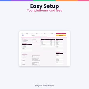 May include: A digital spreadsheet interface titled Easy Setup Your platforms and fees, featuring columns for settings, platform and fee calculations, and categories. The layout includes input fields for data entry and BrightCellPlanners text.