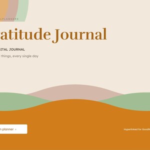 May include: A digital gratitude journal cover featuring the text Gratitude Journal, 2027, Digital Journal, and Three good things, every single day. The design includes wavy bands of orange, green, and beige with a button labeled Open planner.