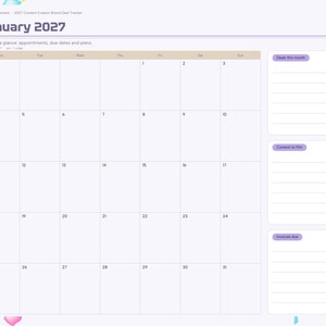 May include: A digital planner page for January 2027 titled Content Creator Brand Deal Tracker. It features a monthly calendar grid, a sidebar with navigation tabs, and three lined sections labeled Deliverables, Content to film, and Invoices due.