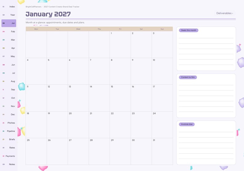 May include: A digital planner page for January 2027 titled Content Creator Brand Deal Tracker. It features a monthly calendar grid, a sidebar with navigation tabs, and three lined sections labeled Deliverables, Content to film, and Invoices due.