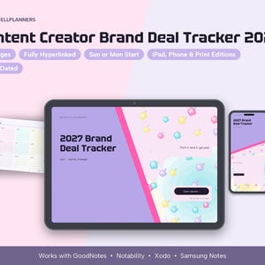May include: A digital 2027 Content Creator Brand Deal Tracker planner displayed on a tablet and smartphone, featuring a purple and pink color scheme, 40 pages, hyperlinked navigation, and a calendar view with 2027 dated pages.