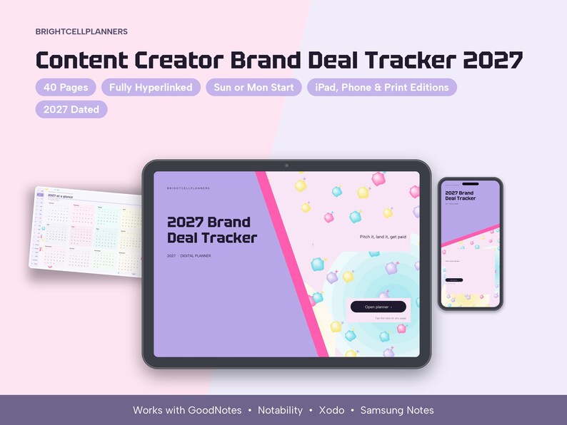 May include: A digital 2027 Content Creator Brand Deal Tracker planner displayed on a tablet and smartphone, featuring a purple and pink color scheme, 40 pages, hyperlinked navigation, and a calendar view with 2027 dated pages.