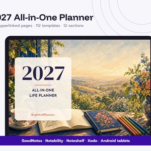 May include: A 2027 all-in-one digital planner displayed on a screen, featuring 571 hyperlinked pages, 112 templates, and 12 sections. The interface shows a landscape illustration with an open book, a closed journal, and colored pencils.