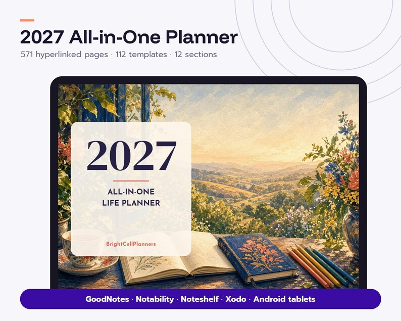 May include: A 2027 all-in-one digital planner displayed on a screen, featuring 571 hyperlinked pages, 112 templates, and 12 sections. The interface shows a landscape illustration with an open book, a closed journal, and colored pencils.