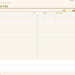 Puede incluir: Una p&aacute;gina de planificador de lista de invitados digital con fondo crema y detalles de hojas de oto&ntilde;o. La tabla incluye columnas para Nombre, RSVP, Aportaci&oacute;n, Necesidades diet&eacute;ticas y Asiento. El texto dice Guest List.