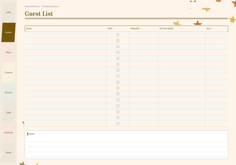 Puede incluir: Una p&aacute;gina de planificador de lista de invitados digital con fondo crema y detalles de hojas de oto&ntilde;o. La tabla incluye columnas para Nombre, RSVP, Aportaci&oacute;n, Necesidades diet&eacute;ticas y Asiento. El texto dice Guest List.