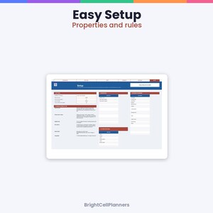 May include: A digital interface displayed on a screen titled Easy Setup Properties and rules. The layout features a blue and white dashboard with organized data entry fields, tables, and columns for property management and rules.