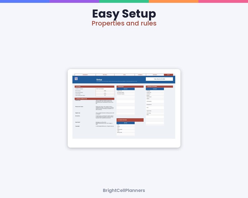 May include: A digital interface displayed on a screen titled Easy Setup Properties and rules. The layout features a blue and white dashboard with organized data entry fields, tables, and columns for property management and rules.
