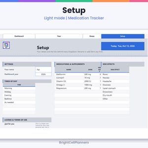 Puede incluir: Una interfaz digital de seguimiento de medicamentos en modo claro titulada Setup. Incluye secciones para ajustes, momentos del d&iacute;a, medicamentos y suplementos con dosis, y efectos secundarios. La fecha es martes 13 de octubre de 2026.