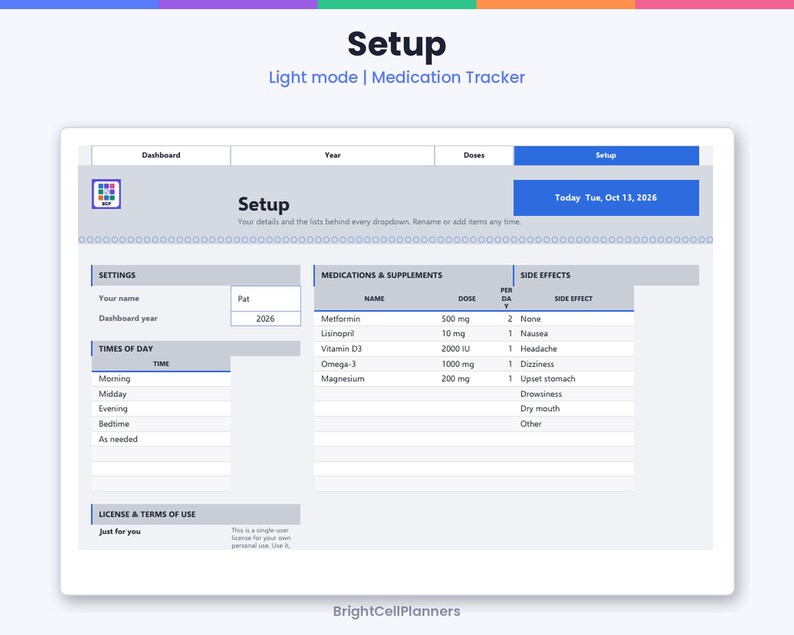 Puede incluir: Una interfaz digital de seguimiento de medicamentos en modo claro titulada Setup. Incluye secciones para ajustes, momentos del d&iacute;a, medicamentos y suplementos con dosis, y efectos secundarios. La fecha es martes 13 de octubre de 2026.