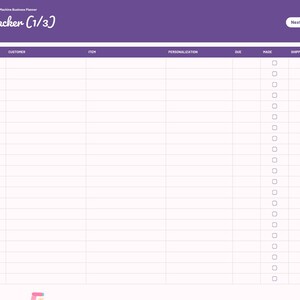 May include: A digital order tracker planner page with a purple header labeled Order Tracker (1/3). The table includes columns for order date, customer, item, personalization, due, made, and shipped, with checkboxes for tracking progress.
