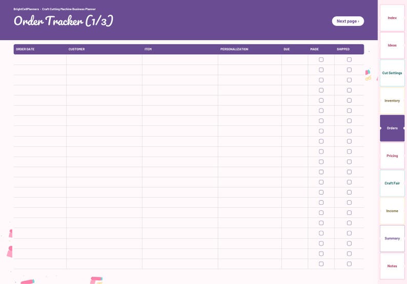 May include: A digital order tracker planner page with a purple header labeled Order Tracker (1/3). The table includes columns for order date, customer, item, personalization, due, made, and shipped, with checkboxes for tracking progress.