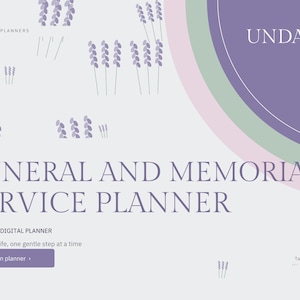 Puede incluir: Un planificador digital de funerales y servicios conmemorativos con fondo gris claro, ilustraciones de lavanda morada y el texto "UNDATED FUNERAL AND MEMORIAL SERVICE PLANNER". Incluye un bot&oacute;n morado con "Open planner" y el texto "Honoring a life, one gentle step at a time".