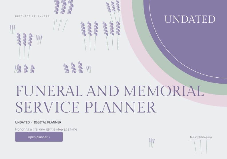 Puede incluir: Un planificador digital de funerales y servicios conmemorativos con fondo gris claro, ilustraciones de lavanda morada y el texto "UNDATED FUNERAL AND MEMORIAL SERVICE PLANNER". Incluye un bot&oacute;n morado con "Open planner" y el texto "Honoring a life, one gentle step at a time".