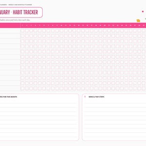 May include: A digital habit tracker planner page for January with a pink header, a grid for daily habit tracking, and two sections at the bottom labeled Notes for this Month and Wins & Tiny Steps, featuring a sidebar with navigation icons.