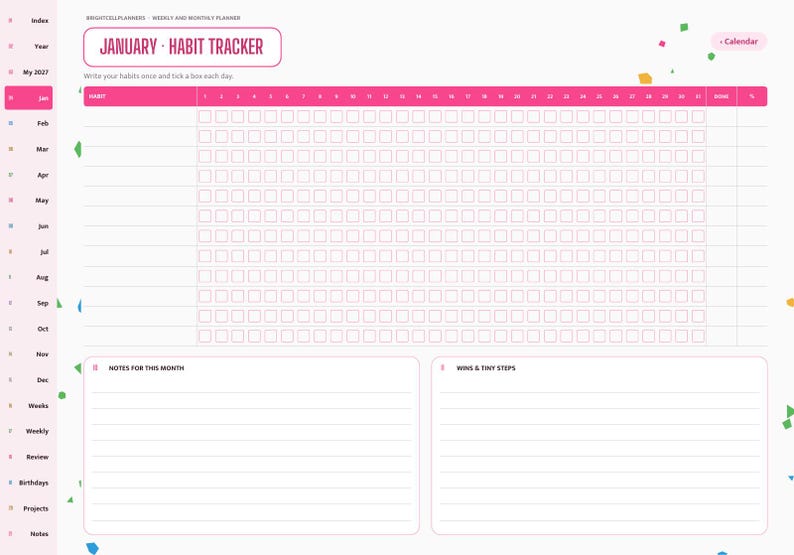 May include: A digital habit tracker planner page for January with a pink header, a grid for daily habit tracking, and two sections at the bottom labeled Notes for this Month and Wins & Tiny Steps, featuring a sidebar with navigation icons.