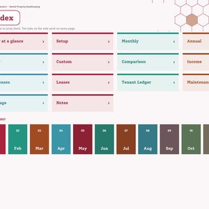 May include: A digital rental property bookkeeping planner index page for 2027. The layout features a sidebar navigation, a main index header, and clickable tiles for sections like Year at a glance, Setup, Monthly, Annual, Income, Expenses, Leases, Tenant Ledger, Maintenance, and Mileage. A row of twelve colored month tiles from Jan to Dec is displayed at the bottom.