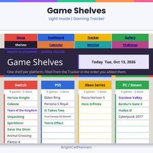 May include: A digital gaming tracker spreadsheet titled Game Shelves with tabs for Setup, Dashboard, Tracker, Gallery, Shelves, Calendar, Wishlist, and Challenge. It displays lists of video games categorized by platform: Switch, PS5, Xbox Series, and PC/Steam.