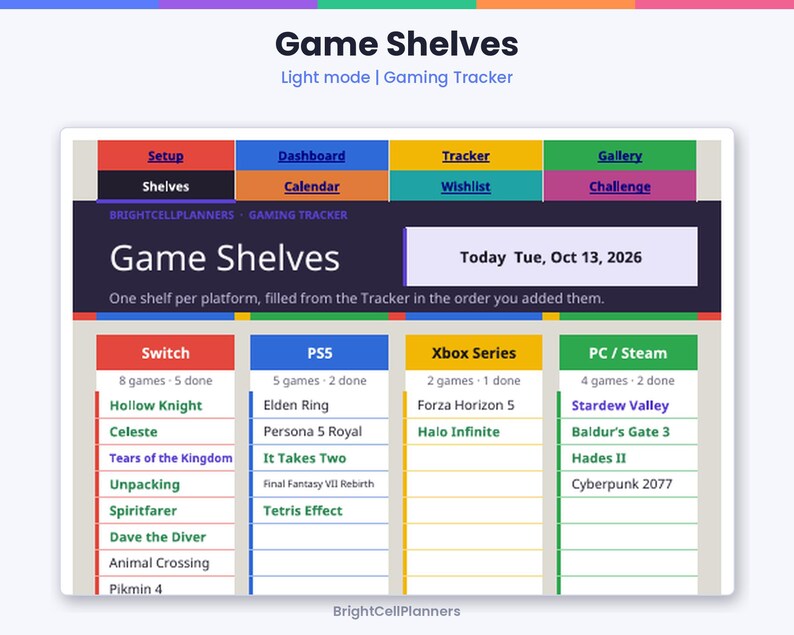 May include: A digital gaming tracker spreadsheet titled Game Shelves with tabs for Setup, Dashboard, Tracker, Gallery, Shelves, Calendar, Wishlist, and Challenge. It displays lists of video games categorized by platform: Switch, PS5, Xbox Series, and PC/Steam.