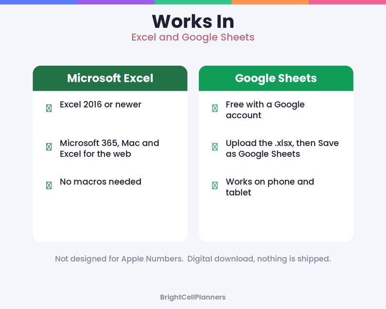 May include: An informational graphic titled Works In Excel and Google Sheets. It lists compatibility requirements for Microsoft Excel, including 2016 or newer, Microsoft 365, and Google Sheets, noting it is not designed for Apple Numbers.