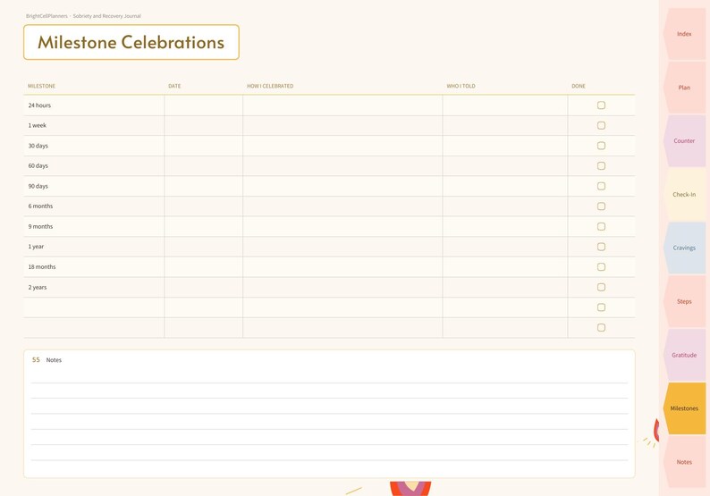 May include: A digital planner page titled Milestone Celebrations with columns for milestone, date, how I celebrated, who I told, and done checkboxes. The layout includes a notes section at the bottom and a vertical tab menu on the right side.
