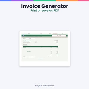 May include: A digital invoice generator interface displayed on a screen with the text Invoice Generator Print or save as PDF at the top. The form includes fields for business details, invoice number, date, and a table for itemized billing.