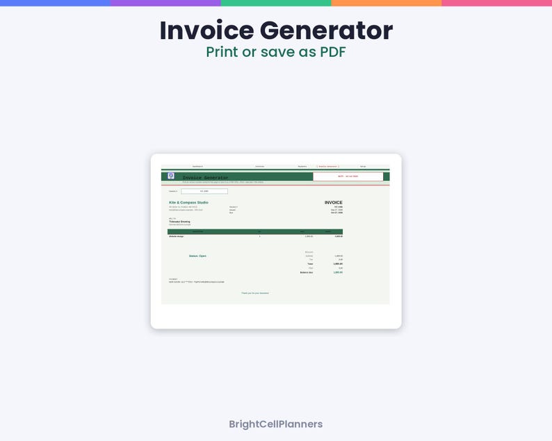 May include: A digital invoice generator interface displayed on a screen with the text Invoice Generator Print or save as PDF at the top. The form includes fields for business details, invoice number, date, and a table for itemized billing.