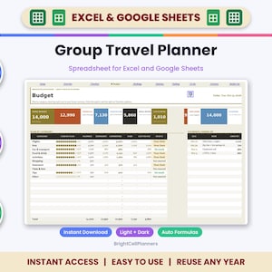 May include: A digital group travel planner spreadsheet for Excel and Google Sheets. The interface displays a budget dashboard with categories for flights, food, and activities, featuring auto formulas, editable fields, and a summary of expenses.