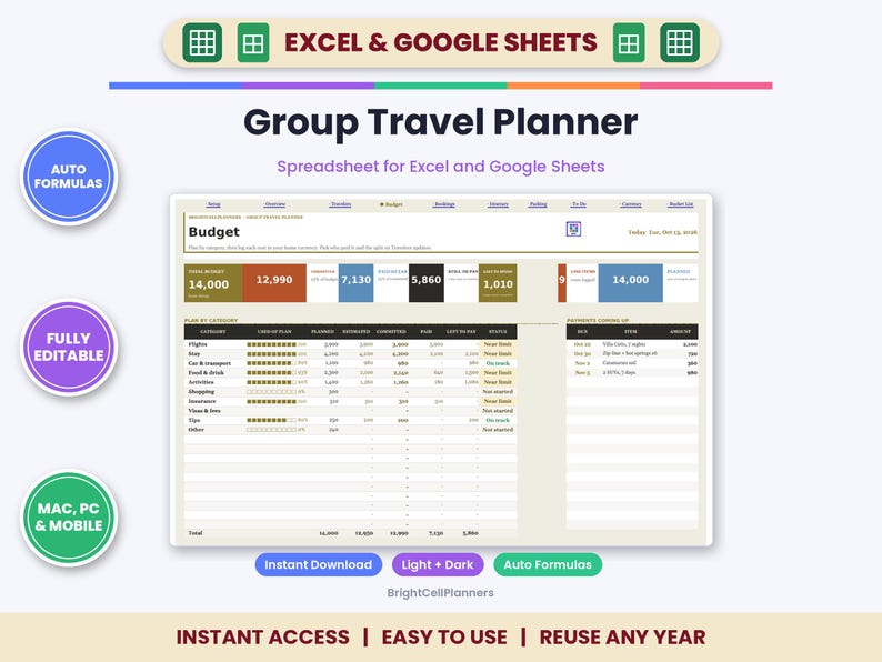 May include: A digital group travel planner spreadsheet for Excel and Google Sheets. The interface displays a budget dashboard with categories for flights, food, and activities, featuring auto formulas, editable fields, and a summary of expenses.
