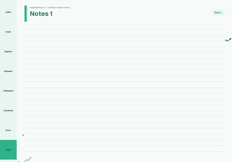 May include: A digital planner page titled Notes 1 from the BrightCallPlanners Credit Score Repair Tracker. The layout features a left sidebar with navigation tabs for Index, Goals, Reports, Disputes, Utilization, Payments, Score, and Notes.