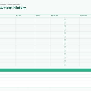 May include: A digital Payment History tracker page with a green header and sidebar. The table includes columns for Account, Due Date, Amount, Paid on Time, and Autopay Set with checkboxes. A section for Notes is at the bottom of the page.