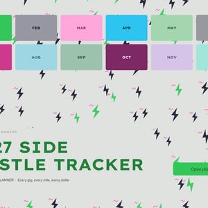 Puede incluir: Una interfaz de planificador digital titulada 2027 SIDE HUSTLE TRACKER con el subt&iacute;tulo 2027 DIGITAL PLANNER - Every gig, every mile, every dollar. Presenta doce botones rectangulares de colores para los meses y un bot&oacute;n verde Open planner.