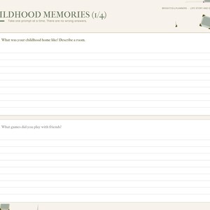May include: A digital memory journal page titled CHILDHOOD MEMORIES (1/4) with a side navigation menu. The page features two numbered prompts with lined writing spaces. The design uses a neutral color palette with sage green accents and text.