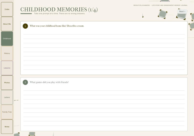 May include: A digital memory journal page titled CHILDHOOD MEMORIES (1/4) with a side navigation menu. The page features two numbered prompts with lined writing spaces. The design uses a neutral color palette with sage green accents and text.