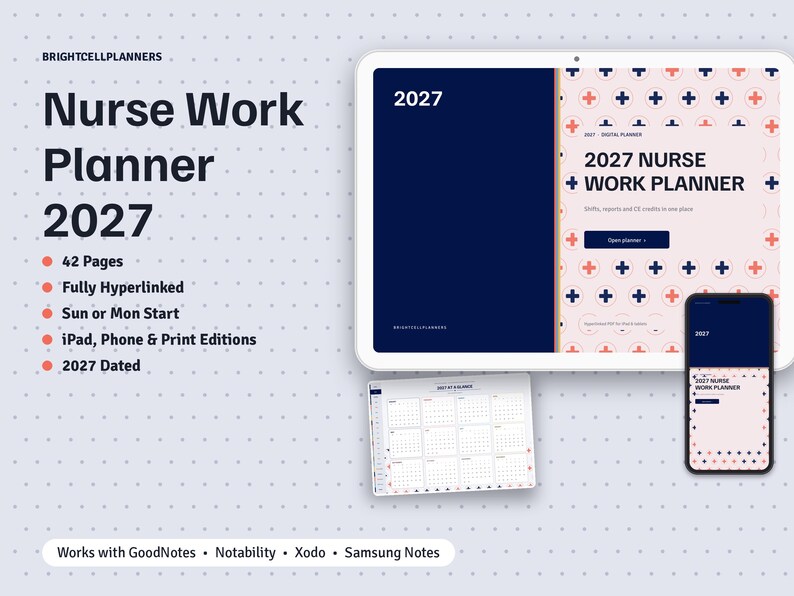 2027 Nurse Planner Digital, Shift Calendar, Patient Report Sheet, CE Credit Tracker, License Renewal, Overtime Log image 1