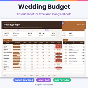 May include: A digital wedding budget spreadsheet for Excel and Google Sheets titled Wedding Budget. The interface displays financial data, categories, progress bars, and payment tracking columns in a brown and white color scheme.