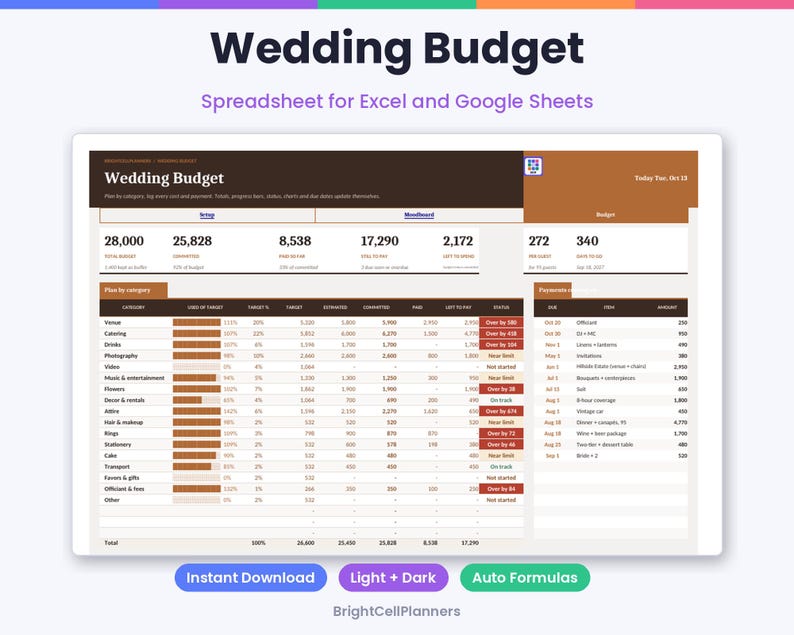 May include: A digital wedding budget spreadsheet for Excel and Google Sheets titled Wedding Budget. The interface displays financial data, categories, progress bars, and payment tracking columns in a brown and white color scheme.