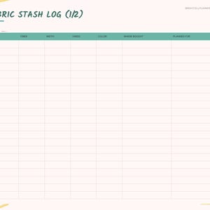 May include: A digital fabric stash log planner page with a light pink background and teal headers. The table includes columns for fabric, fiber, width, yards, color, where bought, and planned for. A sidebar lists index, measurements, patterns, fabric stash, projects, alterations, notions, and notes.