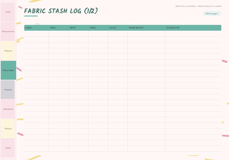 May include: A digital fabric stash log planner page with a light pink background and teal headers. The table includes columns for fabric, fiber, width, yards, color, where bought, and planned for. A sidebar lists index, measurements, patterns, fabric stash, projects, alterations, notions, and notes.