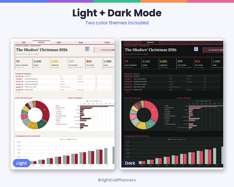 May include: A digital Christmas budget planner dashboard featuring light and dark mode themes. The interface displays The Okafor's Christmas 2026, financial metrics, payment schedules, pie charts, bar graphs, and savings progress bars for holiday planning.